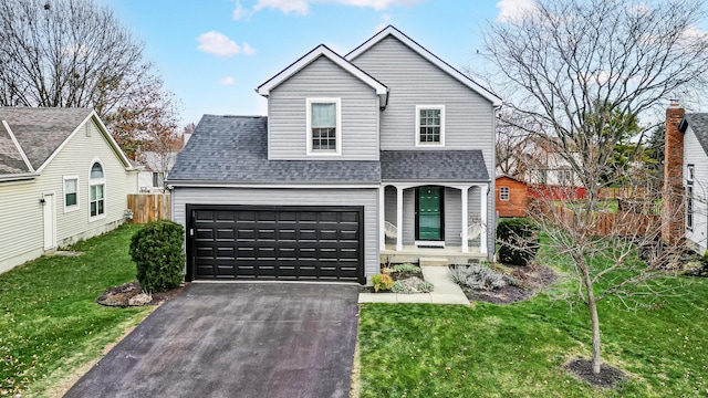 front facade with a front yard, a garage, and covered porch