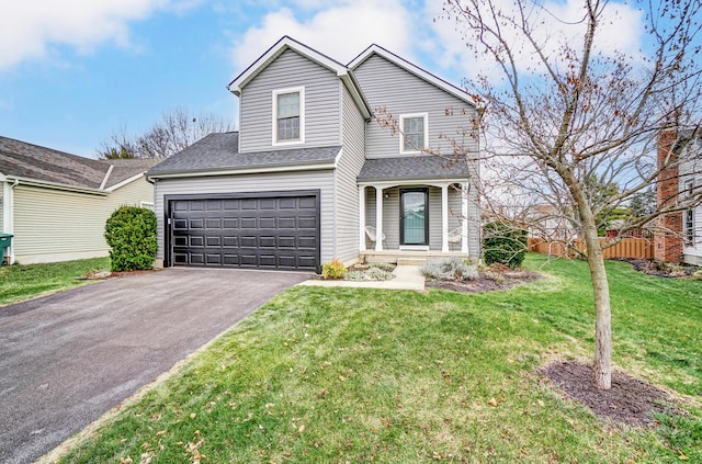 view of property with a front yard and a garage