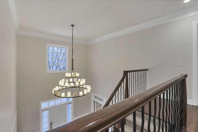 interior space featuring dark hardwood / wood-style floors, ornamental molding, and an inviting chandelier