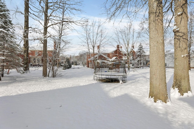 snowy yard featuring a trampoline