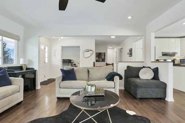 living room with ceiling fan and dark hardwood / wood-style flooring