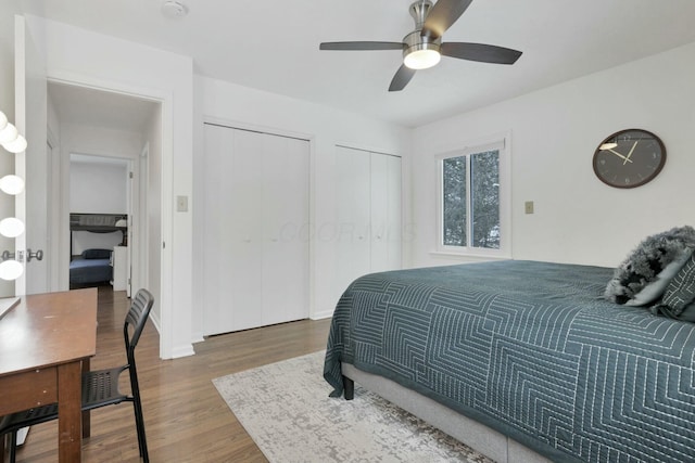 bedroom with multiple closets, ceiling fan, and wood-type flooring