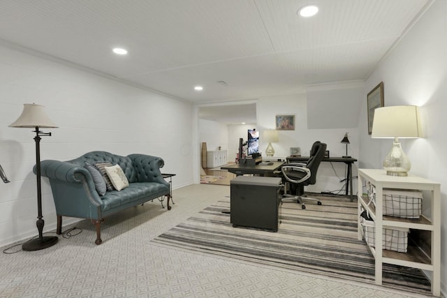 home office with crown molding