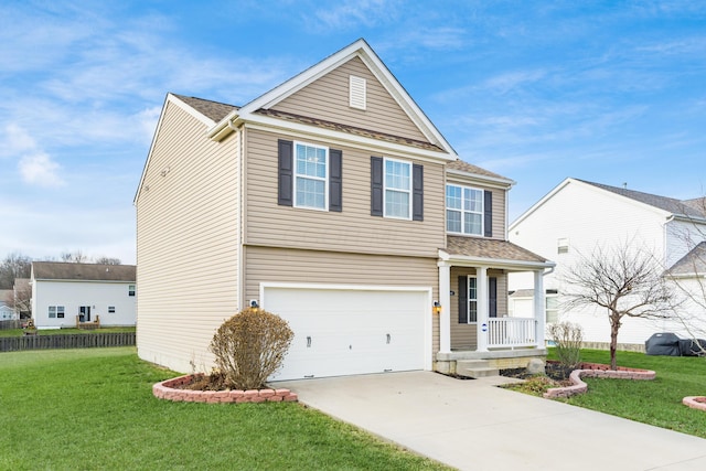 view of front of property with a garage, a porch, and a front yard