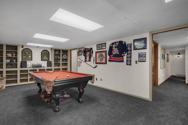 rec room featuring billiards, built in features, and dark colored carpet