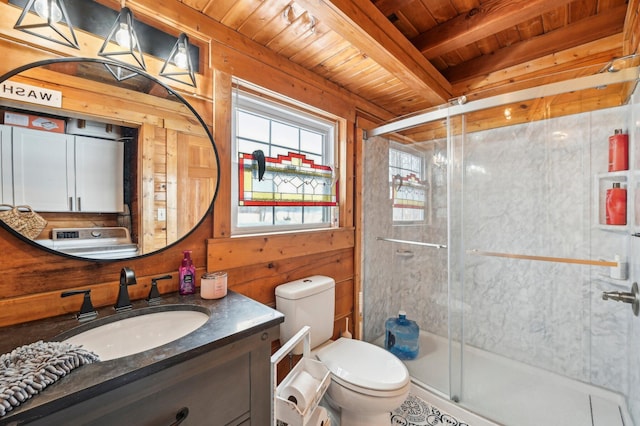 bathroom with beamed ceiling, wood walls, an enclosed shower, vanity, and wood ceiling