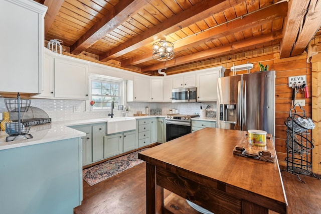 kitchen featuring dark wood-type flooring, white cabinets, sink, beam ceiling, and stainless steel appliances