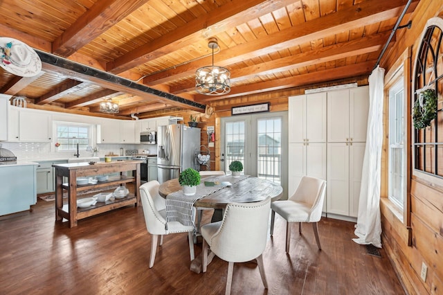 dining room featuring french doors, wood ceiling, beamed ceiling, a chandelier, and dark hardwood / wood-style floors