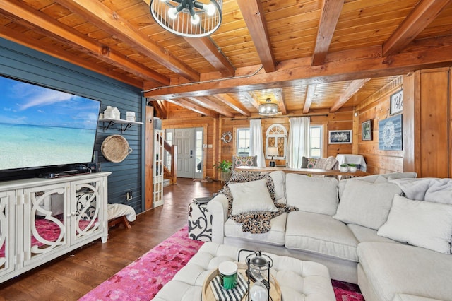 living room featuring beamed ceiling, dark hardwood / wood-style flooring, wooden ceiling, and wooden walls