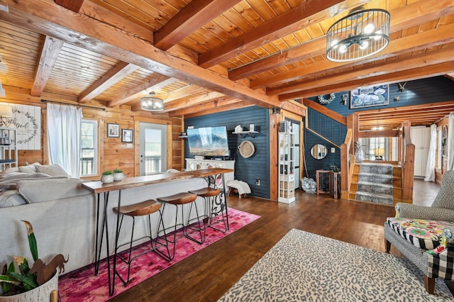 living room with beam ceiling, dark hardwood / wood-style floors, wood ceiling, and wood walls