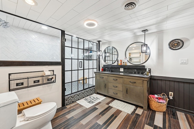 bathroom featuring vanity, wood ceiling, and hardwood / wood-style flooring