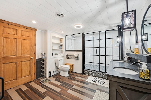 bathroom with built in features, wood-type flooring, toilet, vanity, and wood ceiling