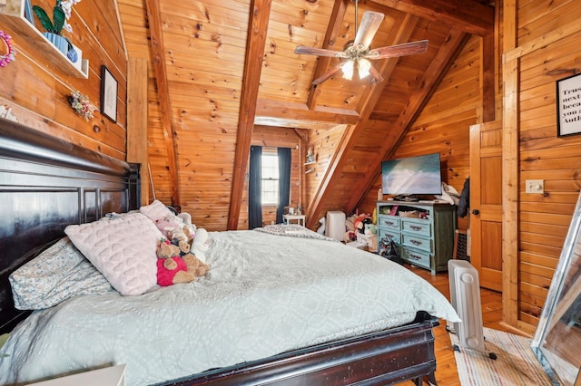 bedroom with lofted ceiling with beams, ceiling fan, wood walls, and wood ceiling