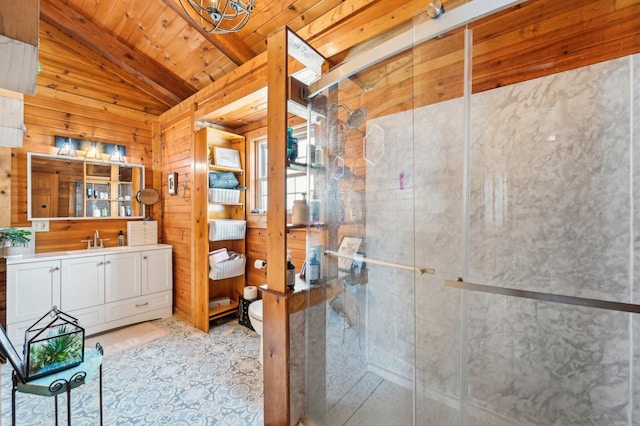 bathroom featuring an enclosed shower, vanity, wooden ceiling, vaulted ceiling with beams, and wood walls