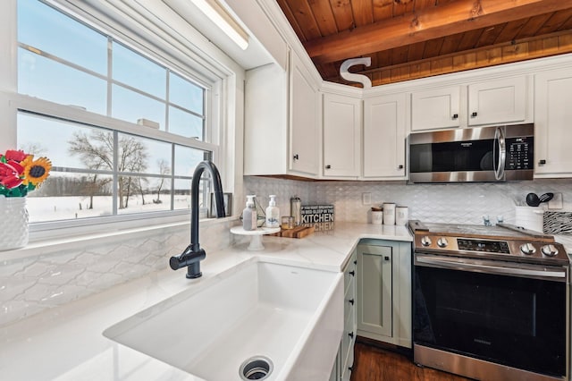 kitchen featuring white cabinetry, sink, wooden ceiling, and stainless steel appliances