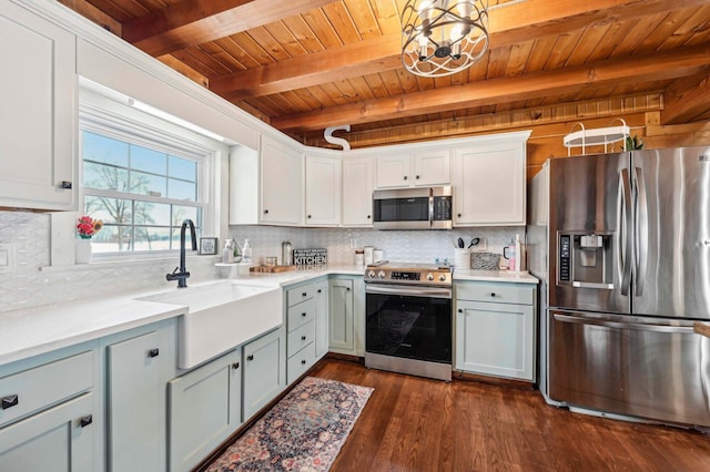 kitchen with backsplash, stainless steel appliances, dark wood-type flooring, sink, and hanging light fixtures