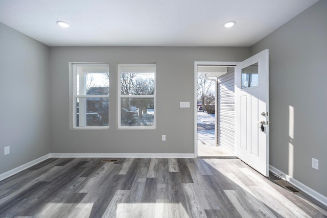 entryway with dark hardwood / wood-style flooring