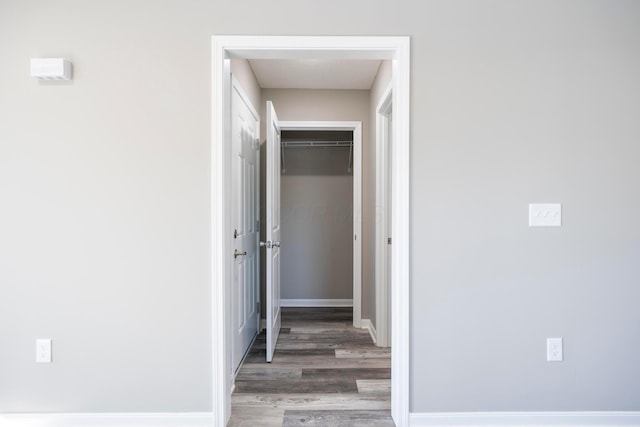 hallway with dark hardwood / wood-style flooring