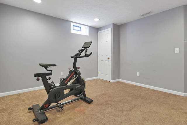 exercise room with carpet floors and a textured ceiling