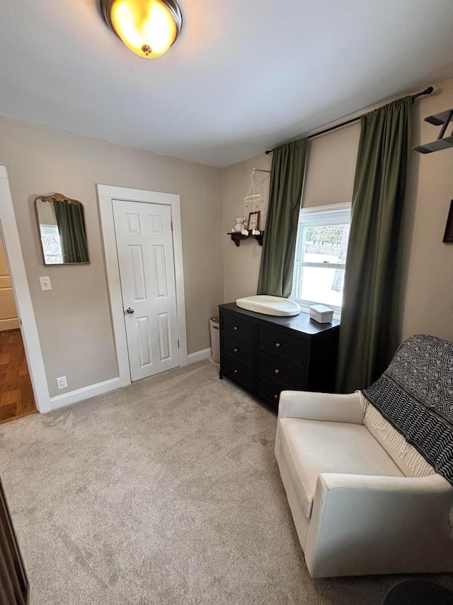 sitting room featuring light carpet