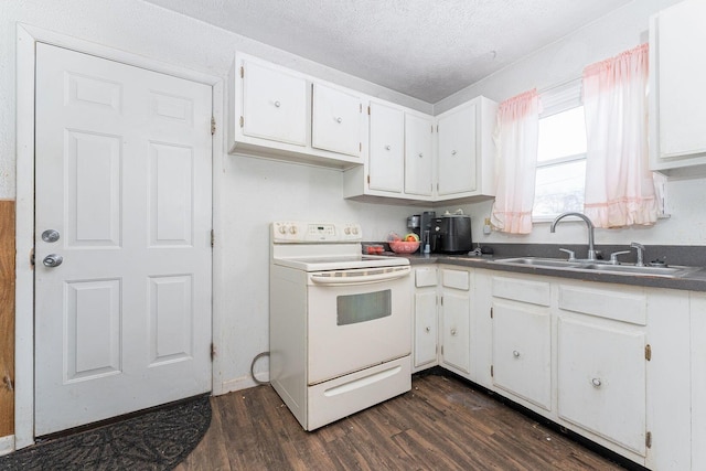 kitchen featuring sink, dark wood-type flooring, white electric range, a textured ceiling, and white cabinets