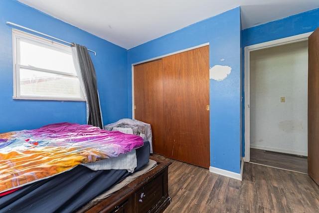 bedroom with a closet and dark wood-type flooring