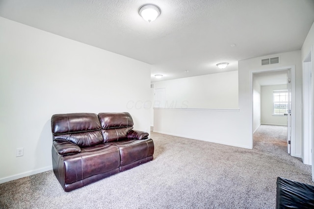 living area featuring carpet and a textured ceiling