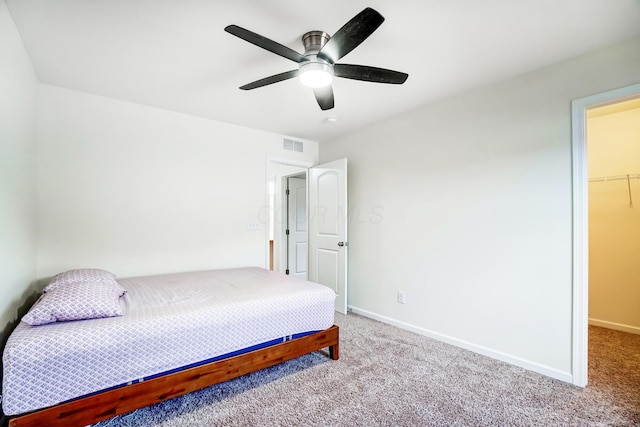 carpeted bedroom featuring a walk in closet, ceiling fan, and a closet