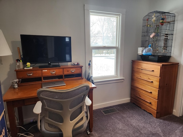 office area featuring dark colored carpet