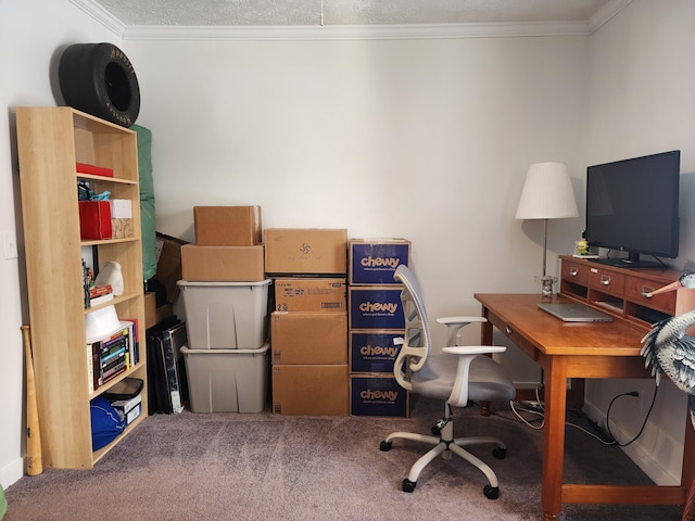 carpeted office space featuring crown molding
