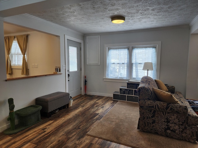 entryway with a textured ceiling, dark hardwood / wood-style floors, and crown molding