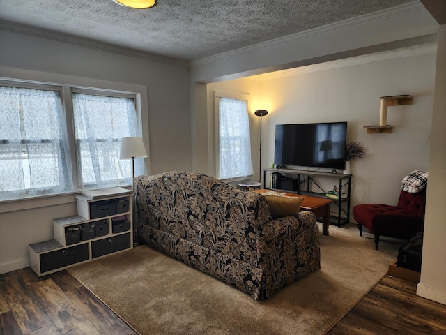living room with a textured ceiling, dark hardwood / wood-style floors, and crown molding