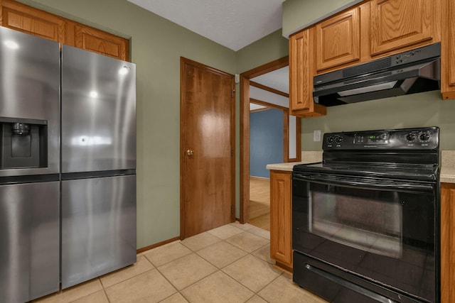 kitchen with ventilation hood, black range with electric stovetop, light tile patterned flooring, and stainless steel fridge with ice dispenser