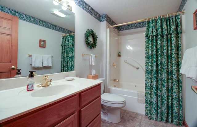 full bathroom featuring tile patterned floors, a textured ceiling, vanity, shower / bathtub combination with curtain, and toilet