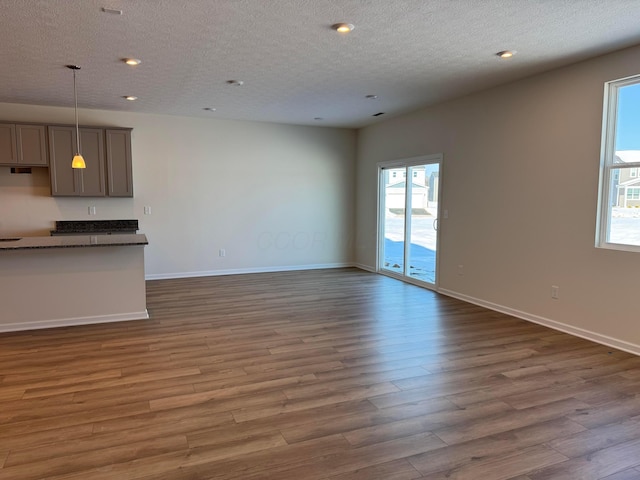 unfurnished living room featuring hardwood / wood-style flooring, plenty of natural light, and a textured ceiling