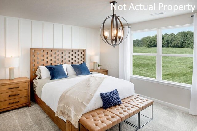 bedroom featuring light colored carpet, multiple windows, visible vents, and an inviting chandelier