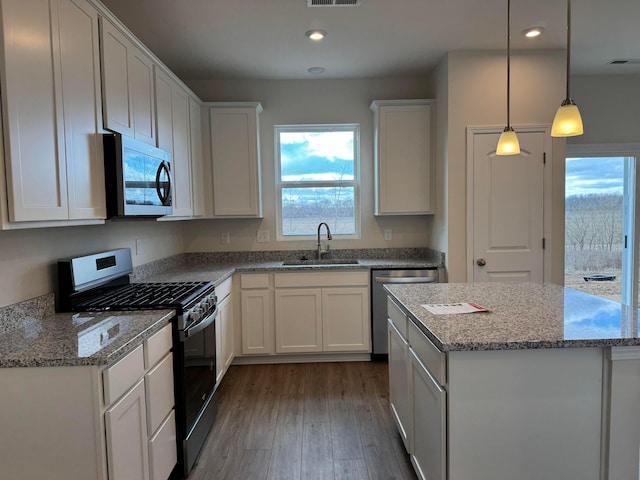 kitchen with stainless steel appliances, white cabinets, a sink, and wood finished floors