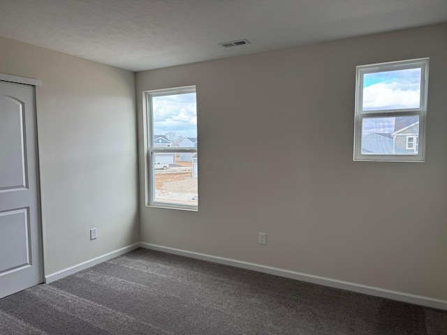 carpeted spare room featuring a healthy amount of sunlight, a textured ceiling, and baseboards