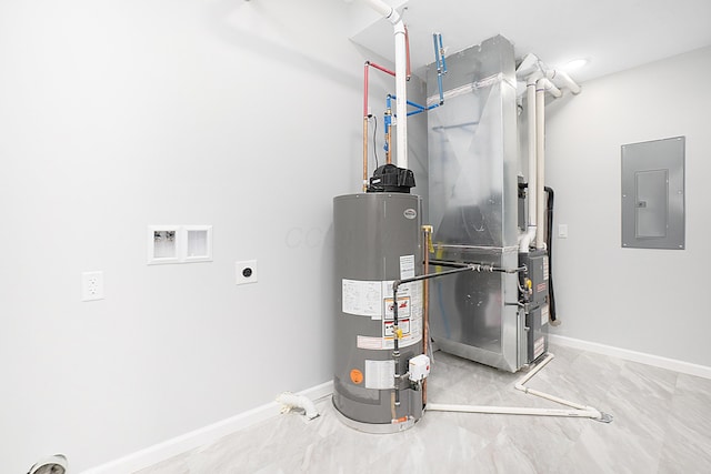 utility room with gas water heater, electric panel, and heating unit