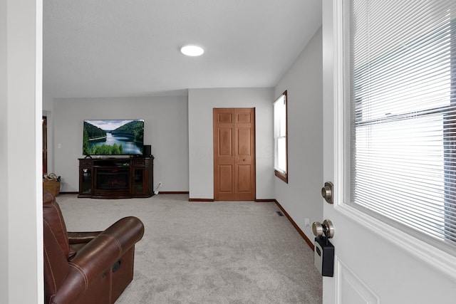 living room featuring light colored carpet