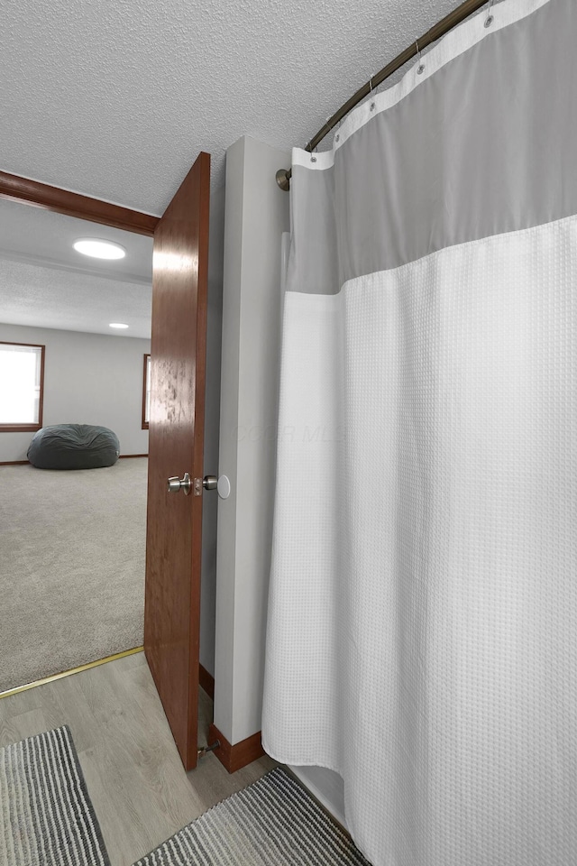 bathroom with hardwood / wood-style flooring and a textured ceiling