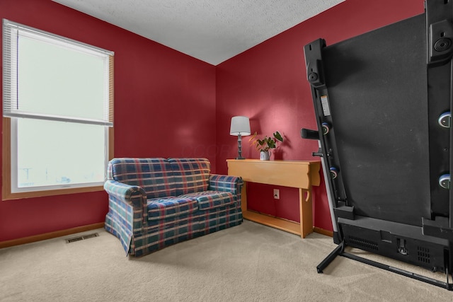 living area with light colored carpet and a textured ceiling