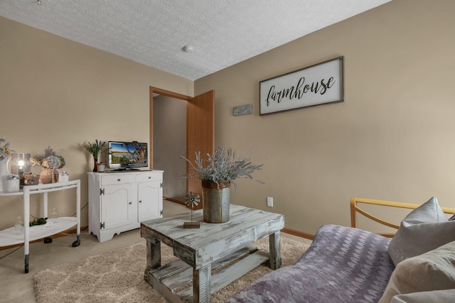 carpeted living room featuring a textured ceiling