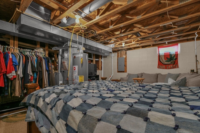 basement featuring electric panel and water heater