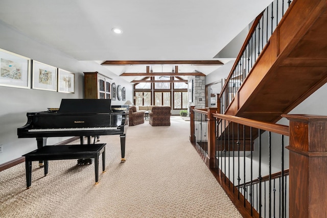 interior space featuring lofted ceiling with beams, recessed lighting, carpet flooring, baseboards, and stairway