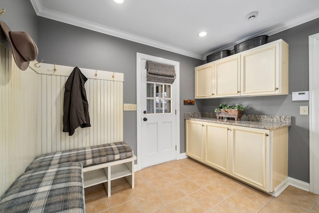 mudroom featuring baseboards, ornamental molding, light tile patterned flooring, and recessed lighting