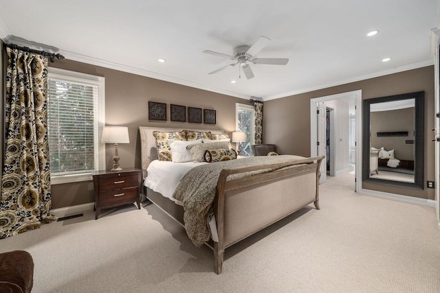 bedroom featuring light carpet, ornamental molding, baseboards, and recessed lighting