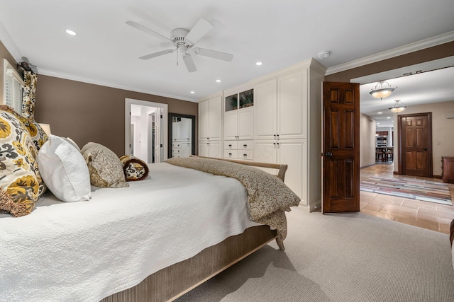 bedroom featuring ornamental molding, recessed lighting, light colored carpet, and a ceiling fan