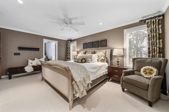 bedroom featuring ceiling fan, recessed lighting, baseboards, carpet, and crown molding