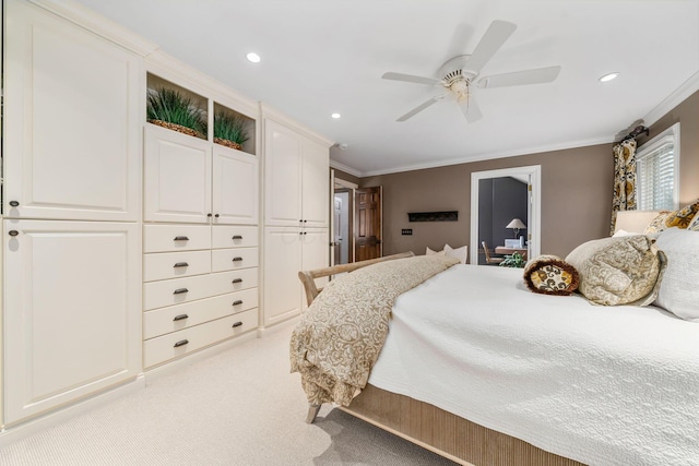 bedroom featuring light carpet, crown molding, and recessed lighting